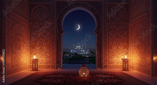 Mosque view through arch at night with crescent moon.
