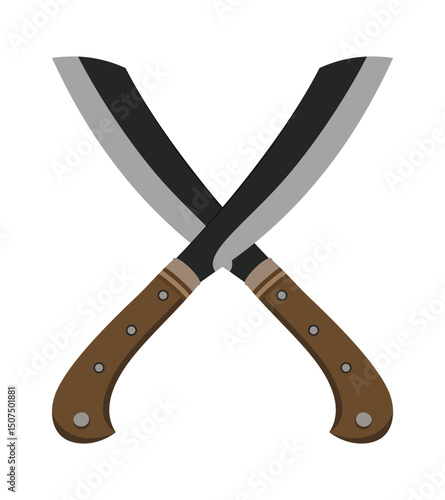 Crossed machete knives with curved blades and wooden handles isolated on white background