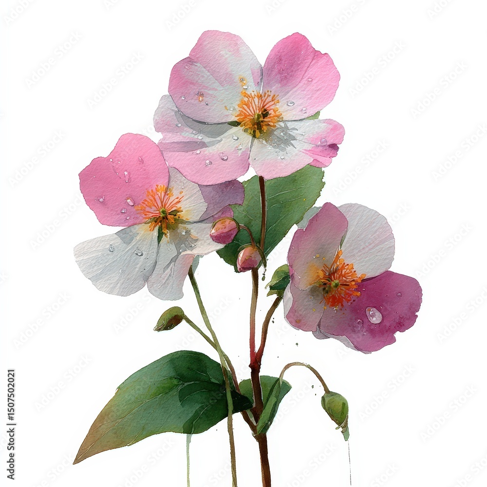 Obraz premium botanical watercolor illustration mayflower Delicate pink flowers with green leaves and water droplets. white background