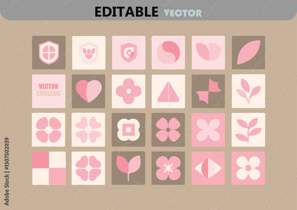 Collection of twenty four vector emblems in a soft pink and brown color palette Collection of twenty four vector emblems in a soft pink and brown color palette