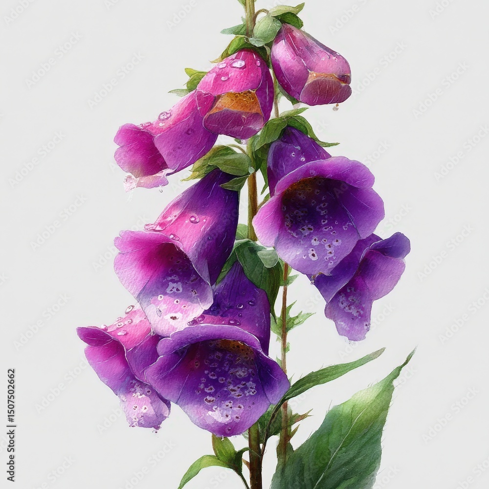 Fototapeta premium botanical watercolor illustration foxglove purple flowers with bell-shaped blooms on a green stem. white background