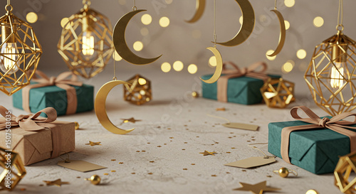 Eid al-Adha gifts with golden moons and bokeh lights