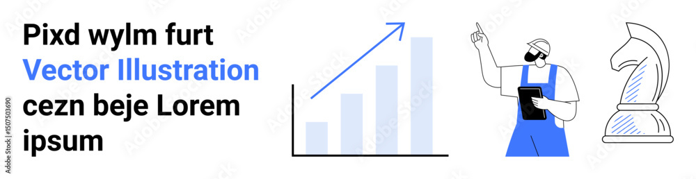 Data growth chart with upward arrow, worker analyzing with tablet, and chess knight. Ideal for strategy, growth, analytics, planning, teamwork, education and simple landing page Data growth chart with upward arrow, worker analyzing with tablet, and chess knight. Ideal for strategy, growth, analytics, planning, teamwork, education and simple landing page