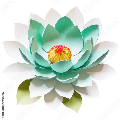 Handmade Paper Lotus Flower Teal and White Bloom, Exquisite Craft, Floral Art, Papercraft