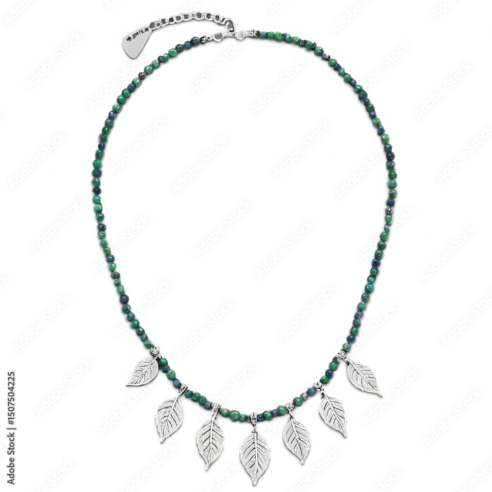 Elegant Beaded Necklace with Leaf Charms Green and Silver Statement Jewelry Elegant Beaded Necklace with Leaf Charms Green and Silver Statement Jewelry