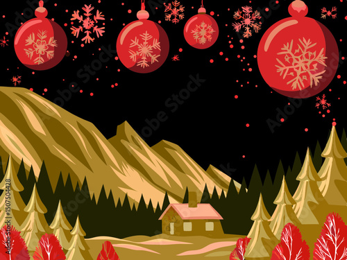 Hand-drawn vector of a winter mountain landscape with cottage, perfect for Christmas and holiday-themed designs.