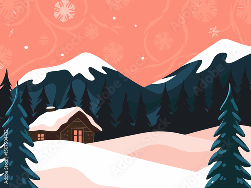Hand-drawn vector of a winter mountain landscape with cottage, perfect for Christmas and holiday-themed designs.
