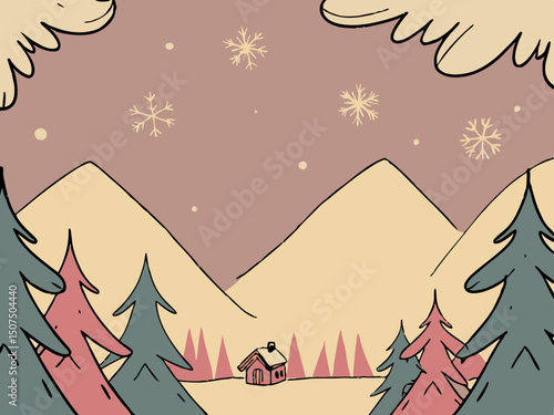 Snowy winter mountain road winding through pine trees, scenic landscape perfect for seasonal and nature-themed designs.