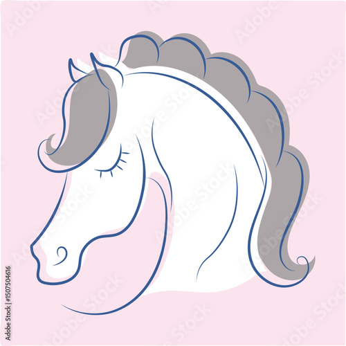 Vector image of white horse. Cute childish style. Head of white pony. Isolated illustration. Sticker with horse