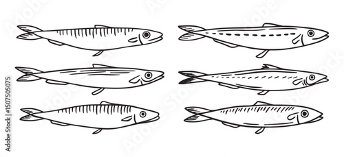 sea fish, sprat, herring, mackerel, little fish doodle hand drawn icon. Outline drawing sea fish, herring, mackerel, little fish line clipart symbol