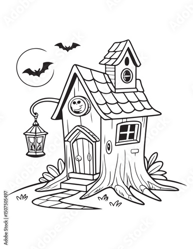 Haunted Halloween House Coloring Page – Spooky Cartoon Mansion with Ghosts, Bats, and Pumpkins

