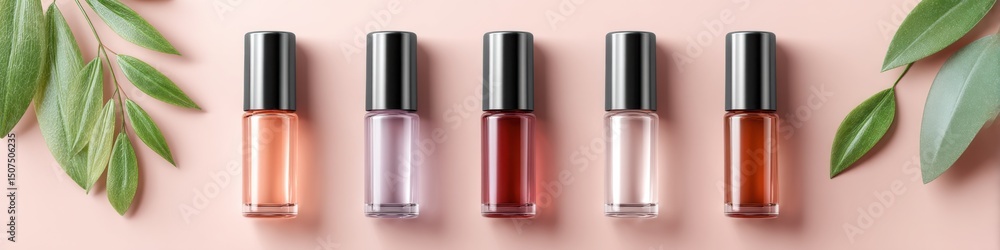 Cuticle oil mockup featuring assorted oils against a soft pink background with greenery for aesthetic appeal Cuticle oil mockup featuring assorted oils against a soft pink background with greenery for aesthetic appeal
