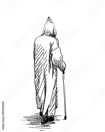 Hand-drawn vector sketch of an elderly man walking with a cane, back view. He wears a traditional Moroccan djellaba with pointed hood. Black line art with shadow hatching on white background