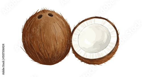 Watercolor Painting Showcases A Whole Coconut Alongside Its Halved Counterpart Both Rendered With Delicate Brushstrokes And Earthy Tones On A White Background
