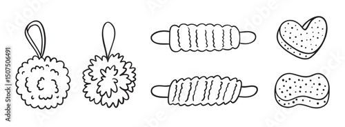 loofah or Shower puff and soft mesh bath sponge doodle hand drawn set. Accessory for washing, body care, personal hygiene. 