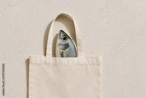 A stylish tote bag features a fish peeking out, symbolizing eco-friendly shopping and fresh seafood. Perfect for sustainable lifestyle branding or culinary promotions.