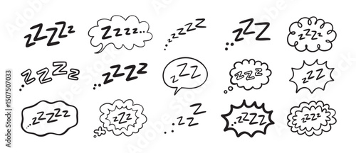 Zzz Zzzz bed sleep snore sound bubble set, snooze nap Z sound icon cloud set. Sleepy Zzz doodle hand drawn line icons