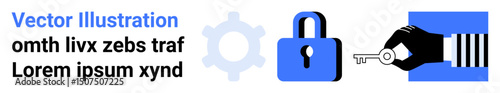 Hand offering key to unlock blue padlock, complemented by gear symbol. Ideal for security, privacy, access control, technology, data protection, innovation, simple landing page