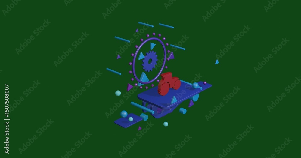 Obraz premium Red tractor symbol on a pedestal of abstract geometric shapes floating in the air. Abstract concept art with flying shapes in the center. 3d illustration on green background