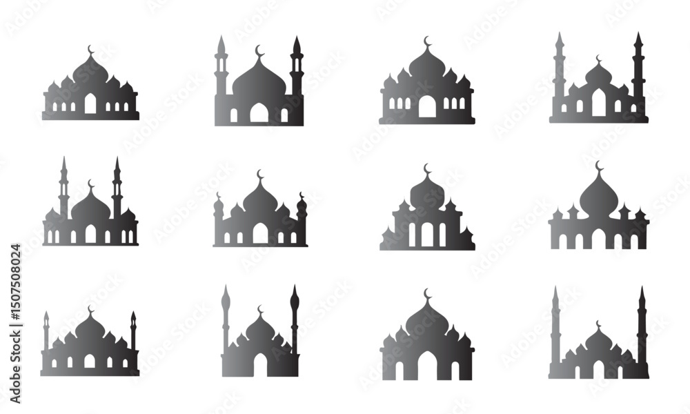 Fototapeta premium Colorful Mosque silhouette vector icon set illustration on white background. 