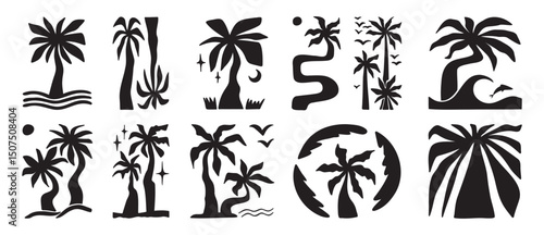 Doodle hand drawn palms boho trendy bold silhouette elements, hippie palm tree poster icon set