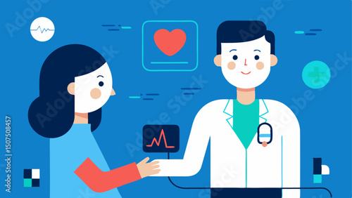 Live Vital Signs Monitoring An illustration showing a doctor examining a patient with holographic vital signs heart rate pressure displayed above the patient.