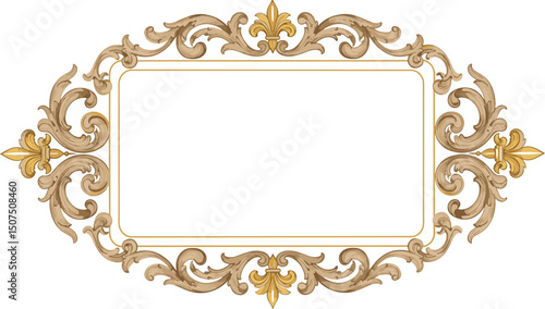 Vintage baroque frame in the form of a rectangular border with a pattern of swirls and curls. Watercolor illustration frame for wedding, Valentine's Day, anniversary, 