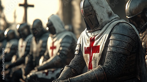 Row of medieval knights in armor with red crosses