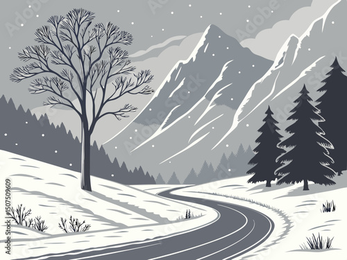Snowy winter mountain road winding through pine trees, scenic landscape perfect for seasonal and nature-themed designs.