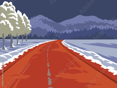 Snowy winter mountain road winding through pine trees, scenic landscape perfect for seasonal and nature-themed designs.