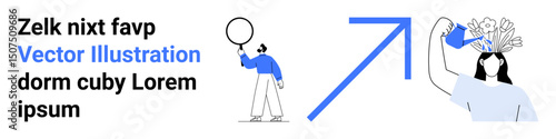 Person exploring with magnifying glass, another nurturing flower-filled head with watering can, upward growth arrow. Ideal for self-growth, focus, introspection, knowledge, creativity, progress