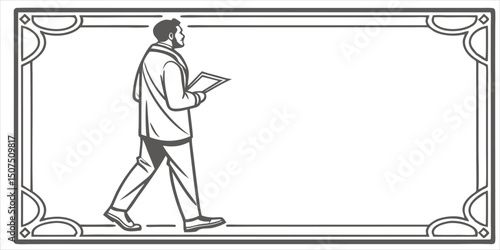 Monochrome illustration of a man walking with a document within a decorative frame