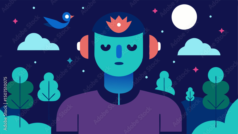 Naklejka premium Nature Connection A biohacker in an outdoor setting wearing a headset with eyes closed absorbed in deep thought. Surrounded by trees and birds illustrating a balance between