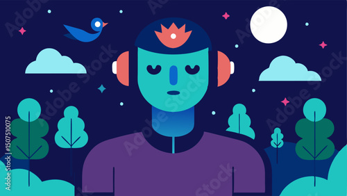 Nature Connection A biohacker in an outdoor setting wearing a headset with eyes closed absorbed in deep thought. Surrounded by trees and birds illustrating a balance between