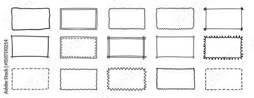 doodle hand drawn rectangle frames set. rectangle shape. Scribble pencil square empty text box. Line border design elements.