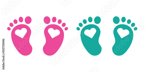 Baby footprint in the heart.Vector stock illustration for poster. Symbol of pregnancy or childbirth.White baby footprints in black heart.Baby footprints inside of  heart. Pink and Blue Baby Footprint.