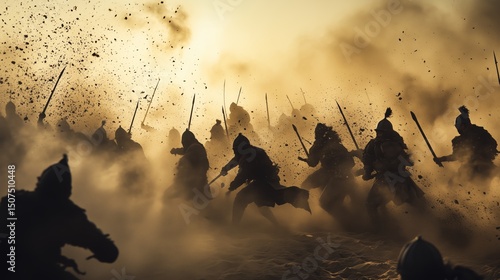 Ancient warriors charging into battle through dust