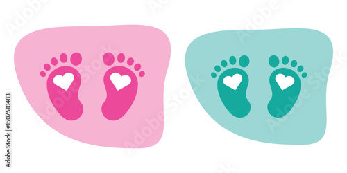 Baby footprint in the heart.Vector stock illustration for poster. Symbol of pregnancy or childbirth.White baby footprints in black heart.Baby footprints inside of  heart. Pink and Blue Baby Footprint.