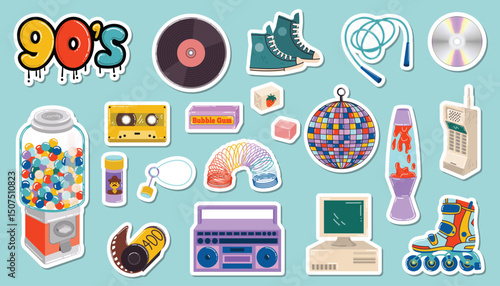 Sticker set with retro 90s vibe featuring colorful cartoon toys, candies, and gadgets in flat style. Fun nostalgic collection perfect for kids, teens, scrapbooking, or playful design projects.