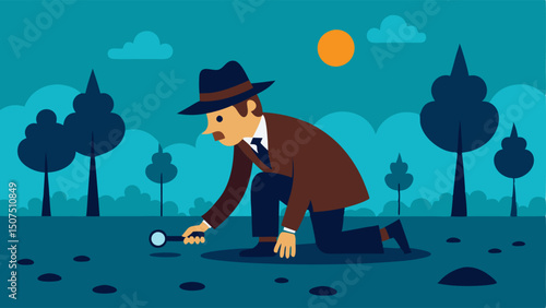 Animal Tracks A playful scene where a detective kneels in a forest looking at animal tracks in the mud with a magnifying glass surrounded by trees.