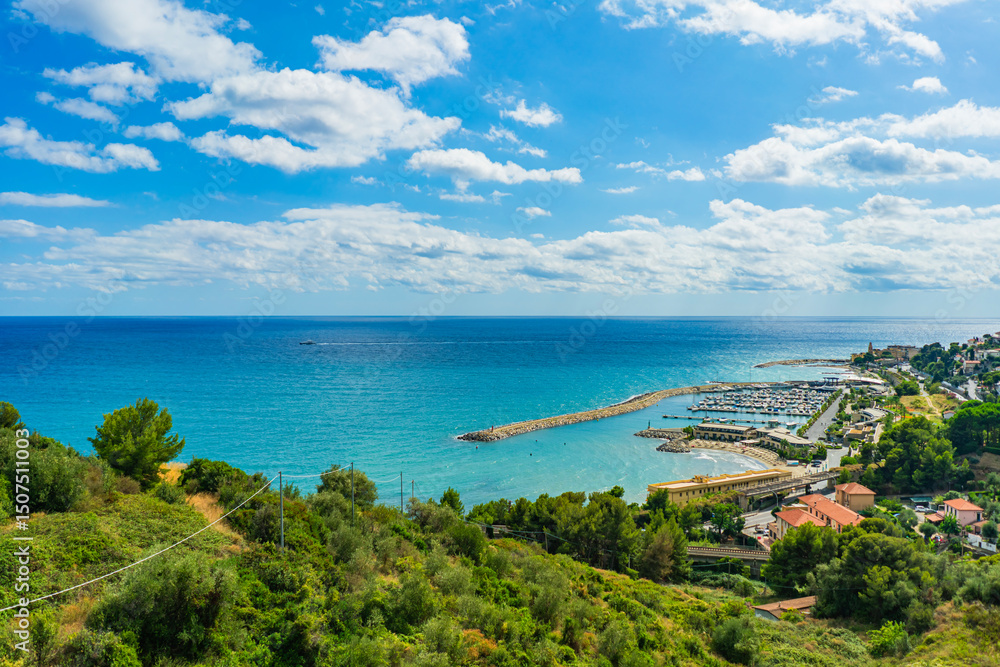 Naklejka premium Coastal View of Laigueglia, Liguria, Italy. Marina and Blue Sea Landscape