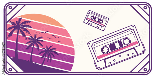 Eighties retro banner with sunset beach and cassette tapes, vintage style vector design for music or summer vibes