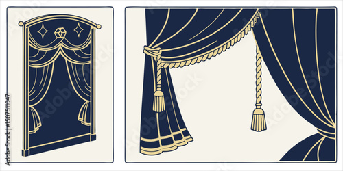 Theater curtain illustrations set, blue and gold stage decoration, vector graphics for interior design themes