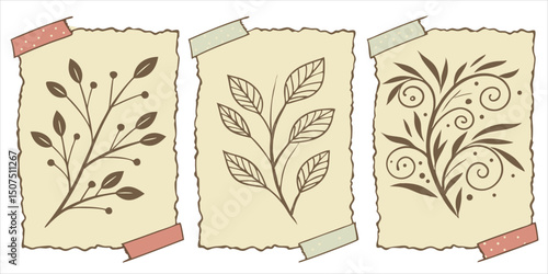 Botanical sketches taped on paper, vintage style floral drawings collection, vector illustration of nature study