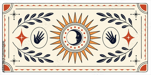 Mystical sun and moon banner with hands, esoteric illustration with celestial elements, vector design for magic or spirituality