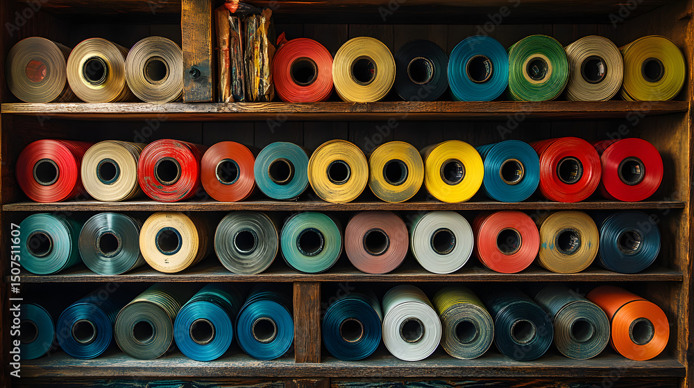 Fototapeta premium An organized shelf filled with colorful vinyl coils arranged neatly for creative craft and design projects, ideal for modern art displays and storage solutions.