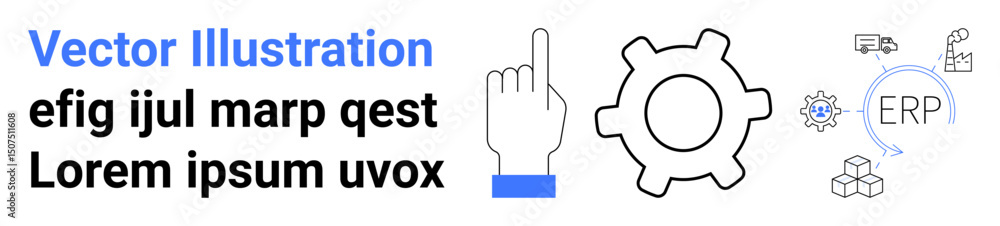 Hand pointing upward, gear, ERP system with interconnected icons for automation, integration, and processes. Ideal for business workflows, technology systems, SaaS platforms, ERP tools process Hand pointing upward, gear, ERP system with interconnected icons for automation, integration, and processes. Ideal for business workflows, technology systems, SaaS platforms, ERP tools process