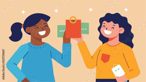 Finding Deals A friend excitedly holds up a discounted tag where another is examining a product both wearing casual outfits and bright smiles in the aisle of a store.
