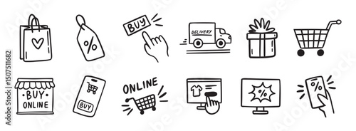 e-commerce online shopping doodle hand drawn icon set. Outline drawing e-commerce online shopping line clipart symbol collection