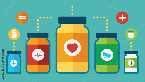 Nutrient Jar A neatly arranged collection of jars labeled with icons like Antioxidants Antiinflammatories and Vitamins indicating essential supplements for lifespan extension.